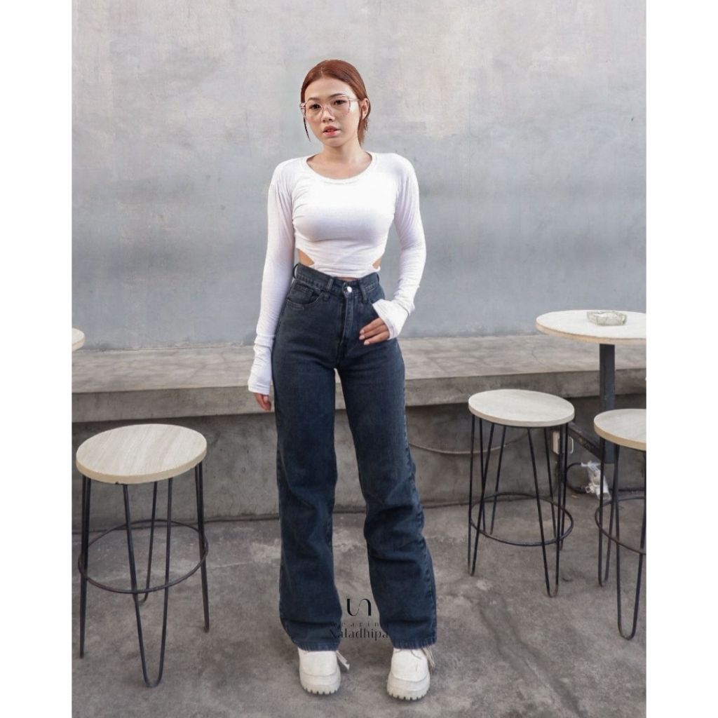 Nara Pants Snowblack - Celana Kulot Jeans Highwaist Wanita Loose Basic Jeans