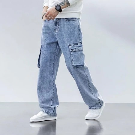 Rominsy - Cargo Jeans Panjang Pria Reguler Standar Loose Cargo Gombrong Jeans Pria Celana Korea Pria