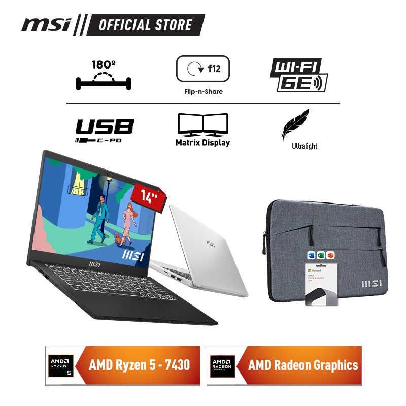 MSI MODERN 14 RYZEN 5 7430 16GB 512GB W11+OHS 14.0FHD IPS 2YR