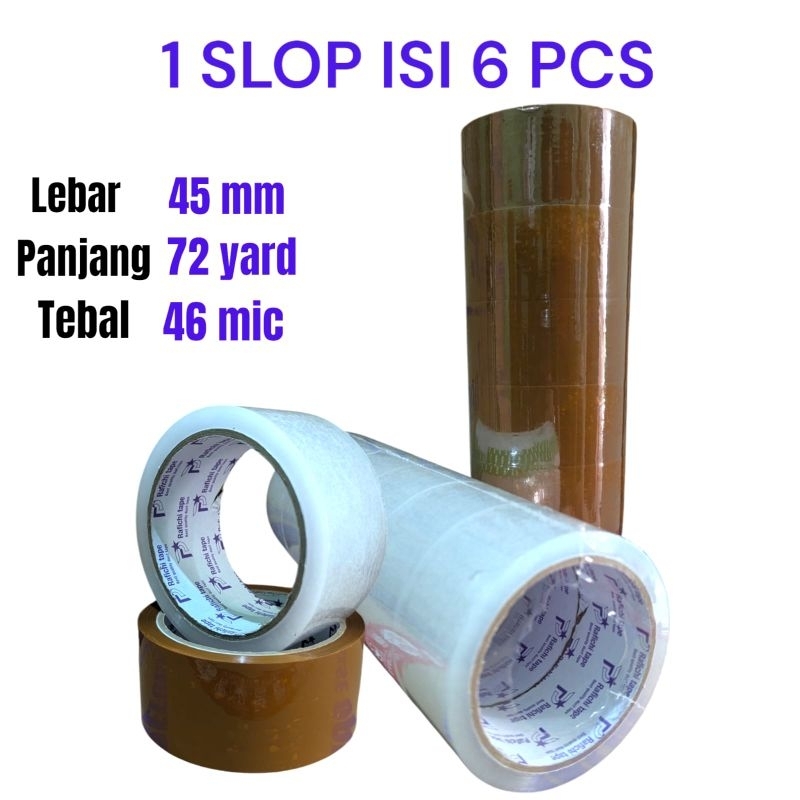 

promo murah isolasi lakban isi 6 pcs 45x72y warna bening dan coklat merk rafichi kuat dan rekat