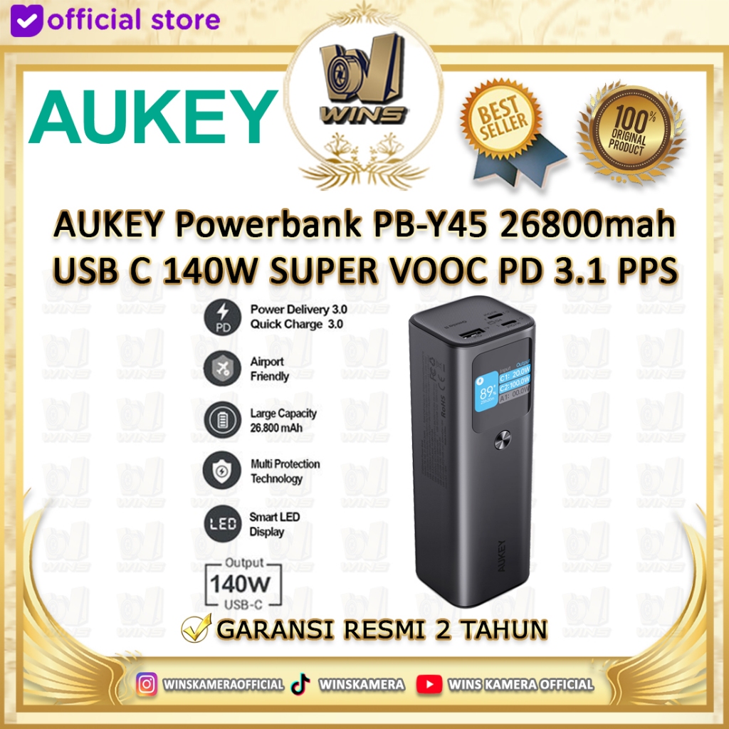AUKEY Powerbank PB-Y45 26800mah USB C 140W SUPER VOOC PD 3.1 PPS