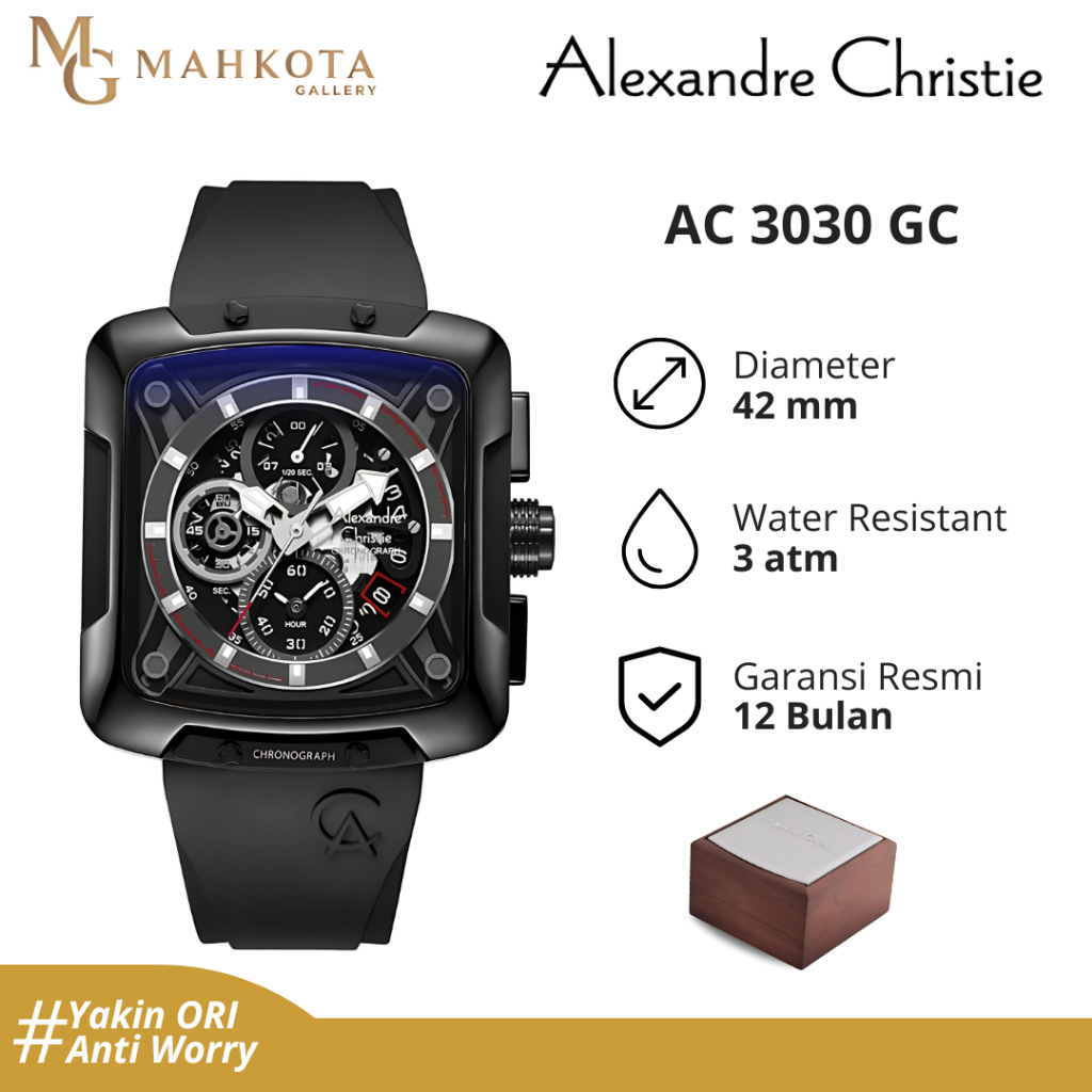 Alexandre Christie AC 3030 GC Chronograph Jam Tangan Pria Kotak Strap Rubber Original dan Bergaransi