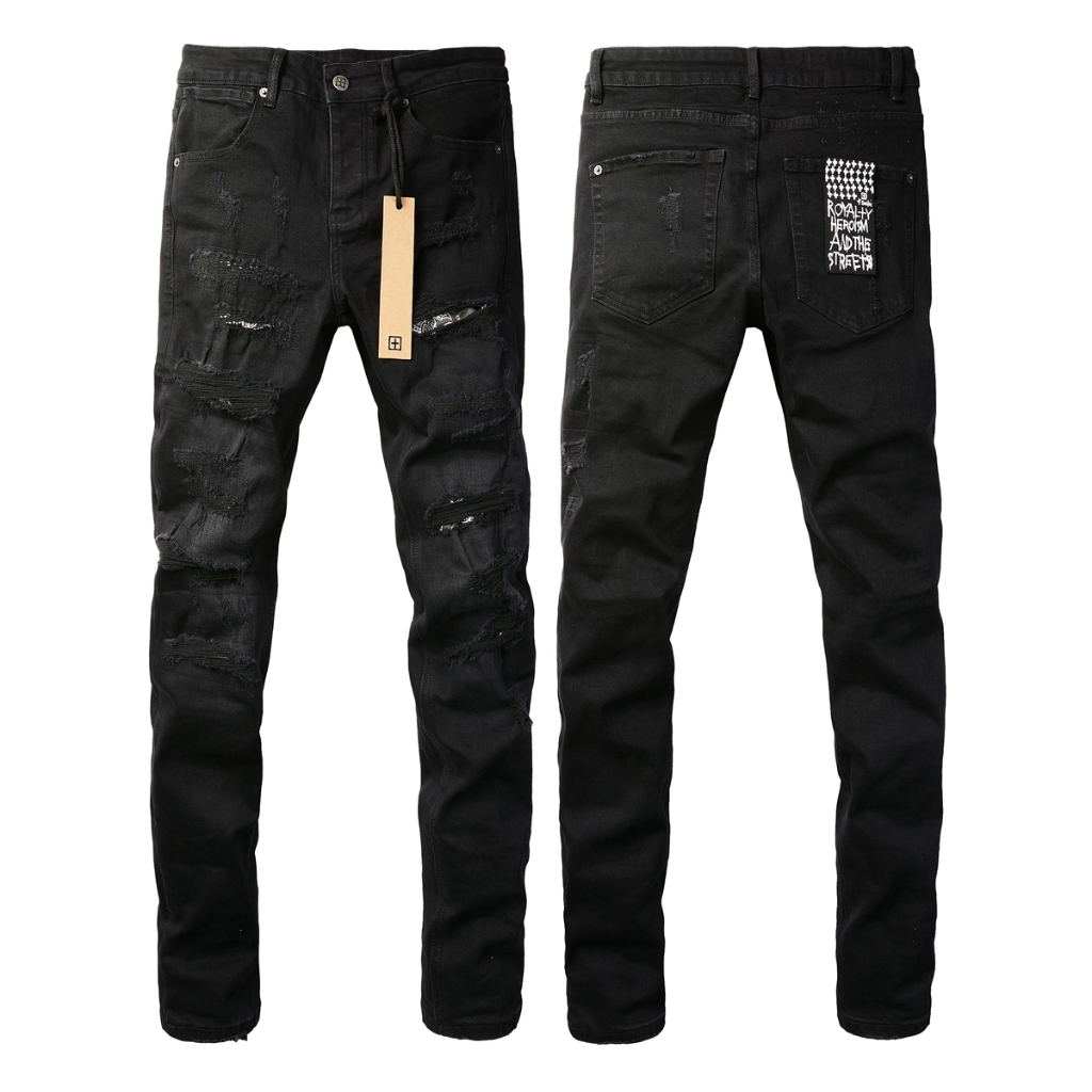 KSUBI Celana Jeans Robek Hitam Jalanan Tinggi Eropa dan Amerika Celana Kancing Ramping Pria