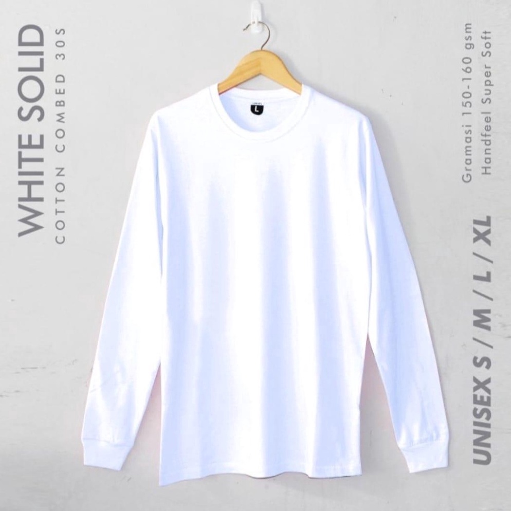 KODE H64W Kaos Polos Lengan Panjang Rib Karet Warna Putih Pria Wanita Cotton Combed 3s S M L XL