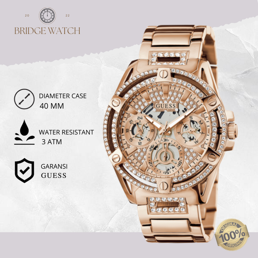 Jam Tangan Wanita Guess GW0464L3 Original Rose Gold Tone Chronograph Stainless Steel Strap Rantai Me