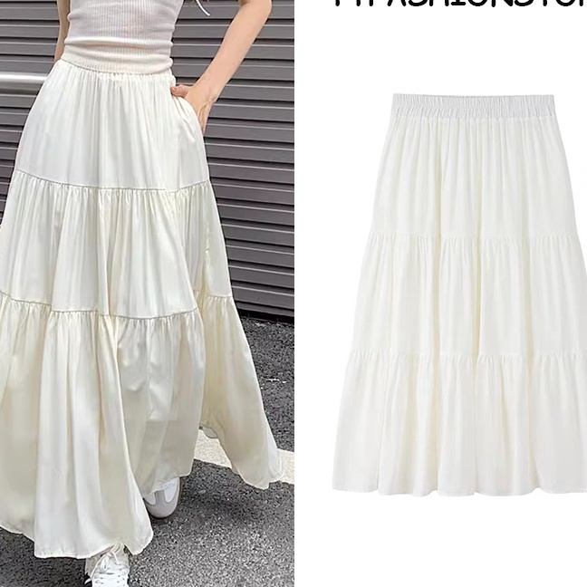 Unggul Rok Kasual Pinggang Tinggi Gaya Korea dengan Ayunan Lebar Rok Payung ALonggar Rok Gaun Putih 