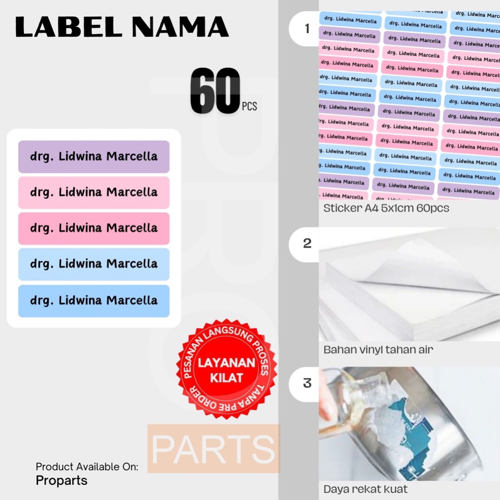 

STICKER LABEL NAMA VINYL WATERPROOF 1x5cm, 1 Baris, 15 Karakter