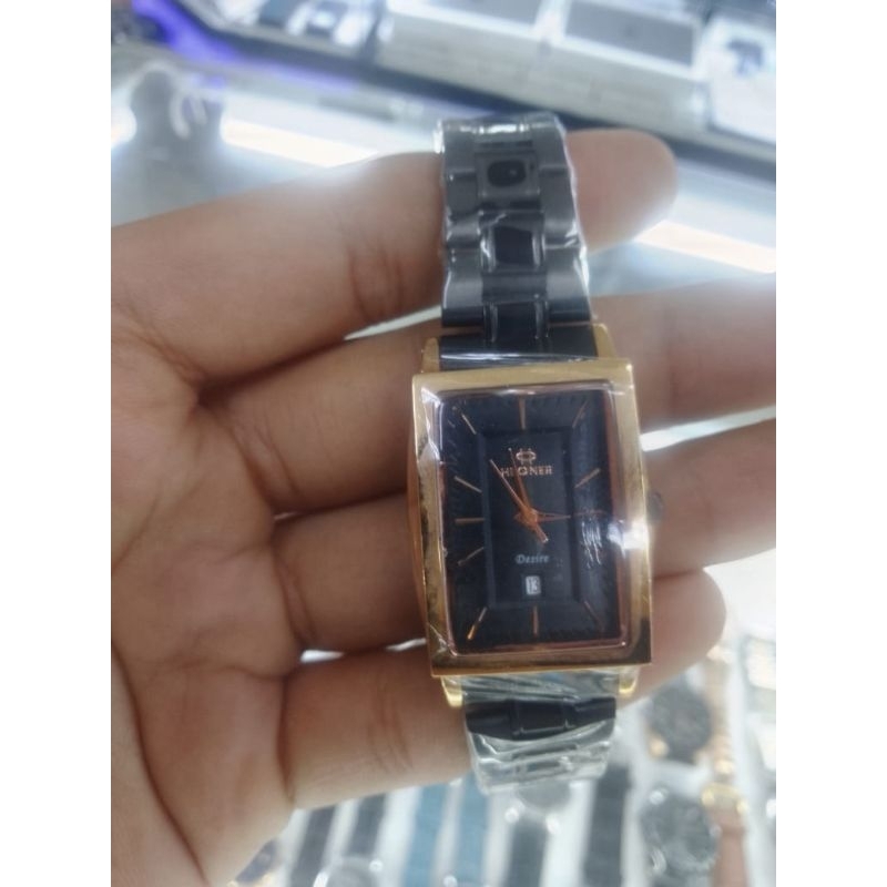 Jam Tangan Wanita Hegner ORIGINAL Model Kotak Rose Gold Strap Hitam Stainless Steel