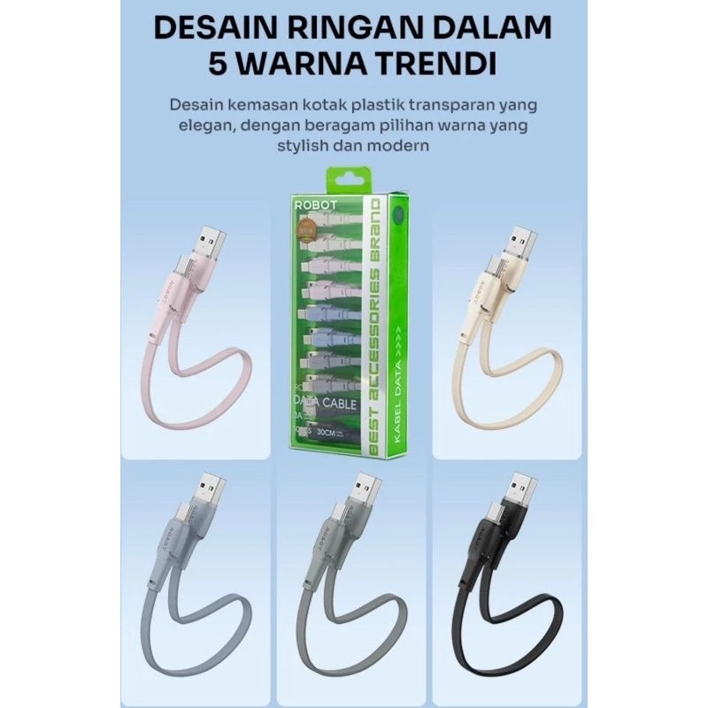 Kabel Data ROBOT RC30 USB To TYPE C 3A 30cm Fast Charging Support Kabel Data 30cm Type C Pendek Gara