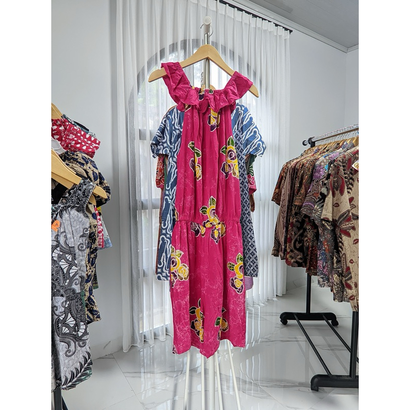 Dress Wanita kekinian motif Batik Jumpsuit Pink Kuning