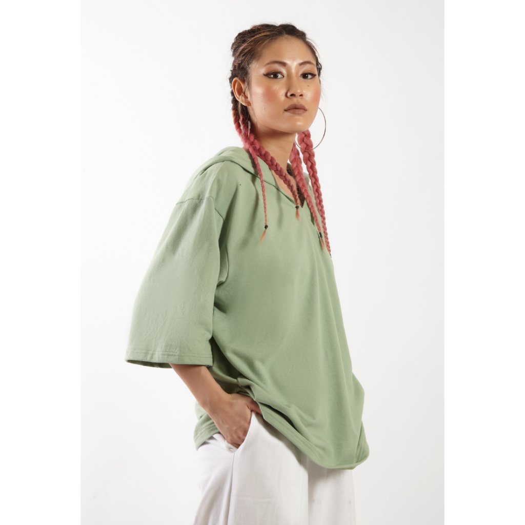 OCWA X VEDECI OVERSIZED BLAZE SHORT SLEEVE HOODIE SAGE GREEN WOMAN