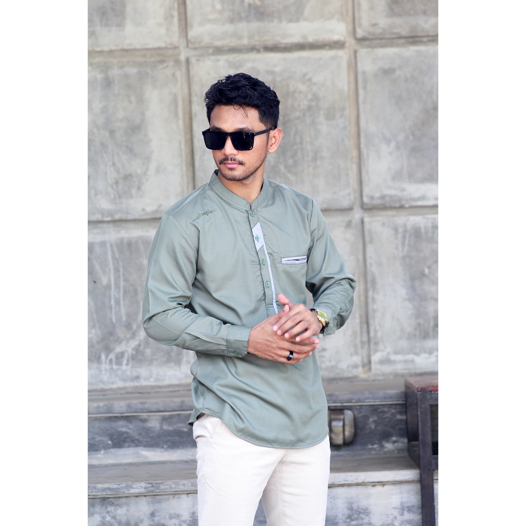 Kemeja Baju Koko Lengan Panjang Abizar Warna Hijau Sage