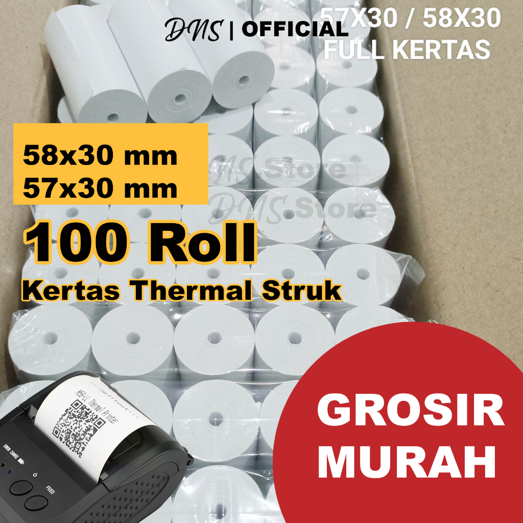 

(Paket Dagang) 100 PCS KERTAS THERMAL KASIR STRUK ROLL 58MM KUALITAS TEBAL 58X30 / 57X30 CORELESS TANPA TULANG LEBIH PANJANG TERMAL EDC ROLL STRUK