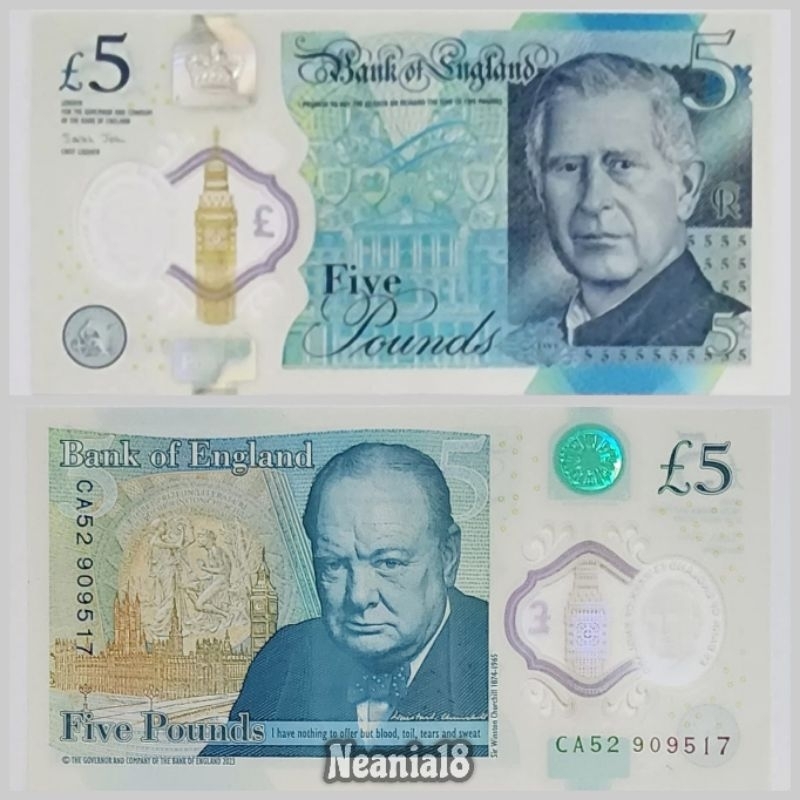 Koleksi Poundsterling Inggris Raja Charles Pecahan 5 Pounds Bahan Polymer