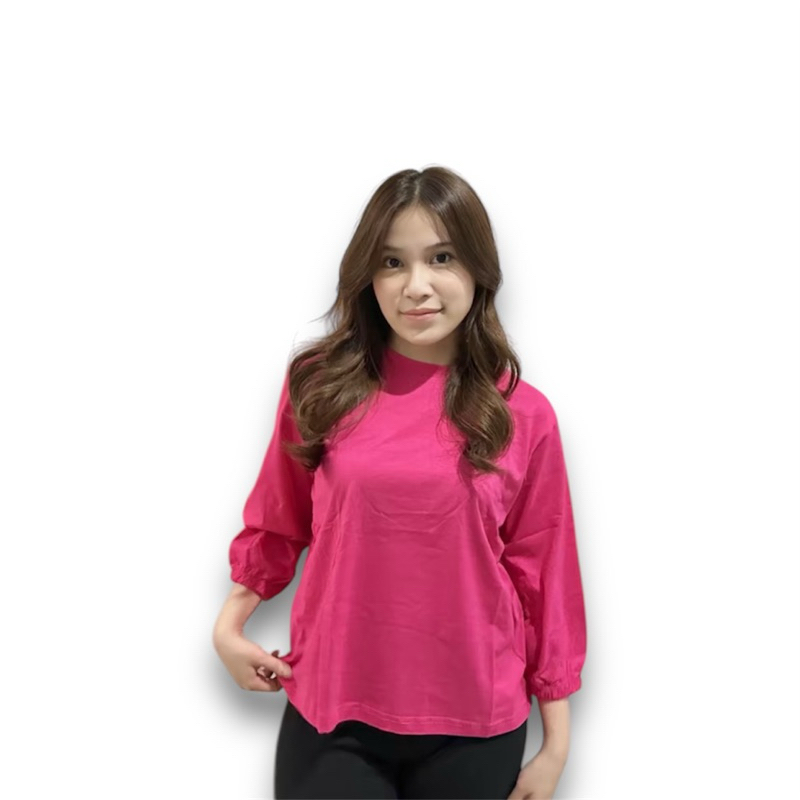 Kaos Wanita Lengan Panjang Polos Model Balon Salur Katun Kombed Casual - Baju