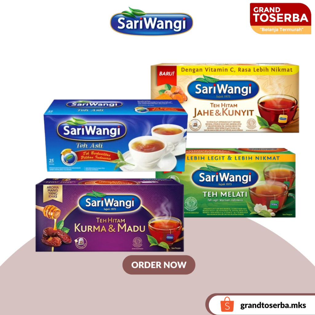 

TEH SARIWANGI ISI 25 KANTONG, ORIGINAL, JAHU KUNYIT, KURMA, MELATI