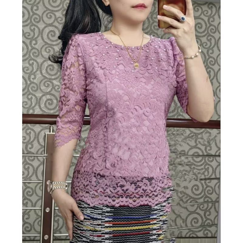 Atasan Kebaya Modern- Blouse Renda Brokat Terbaru-  Tangan Lurus Payet Mutiara by Miss Nauli