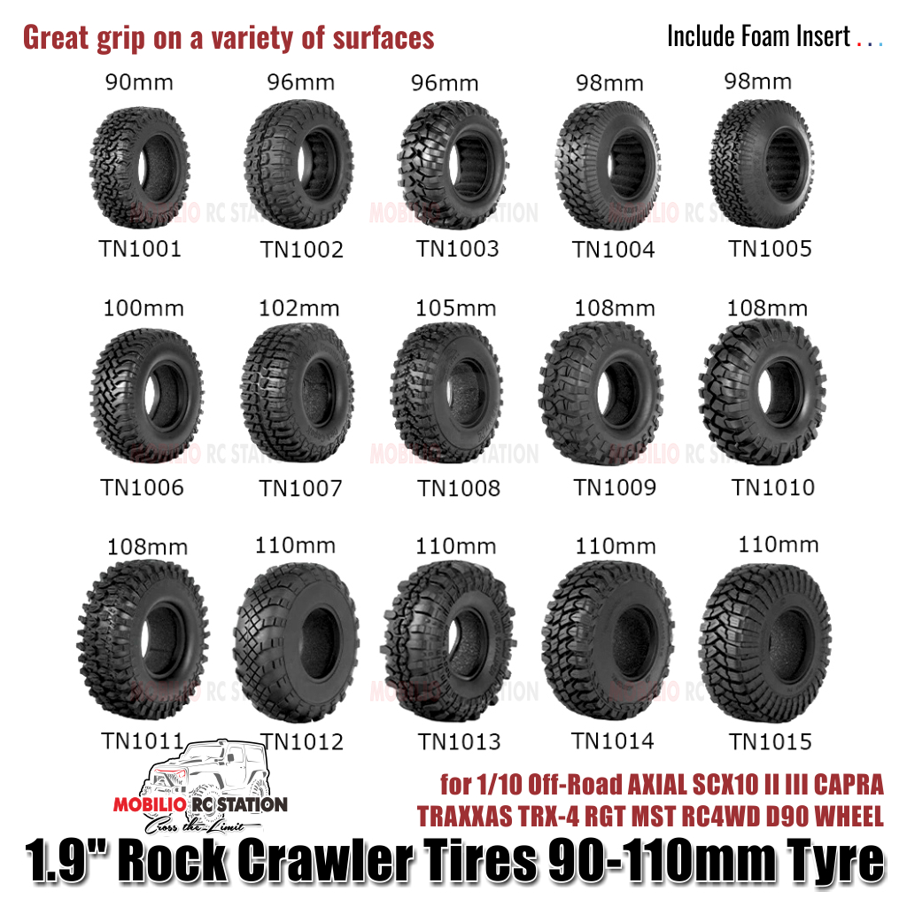 Ban 1.9" Rock Crawler Tires 90-110mm Tyre for 1/10 Off-Road AXIAL SCX10 II III CAPRA TRAXXAS TRX-4 R