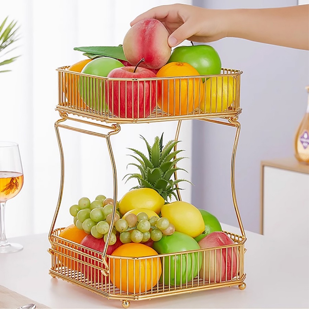 Rak Keranjang Buah 2 Tingkat Emas Besi / Keranjang 2TINGKAT / Tray Buah / Tempat Buah / Rak Besi
