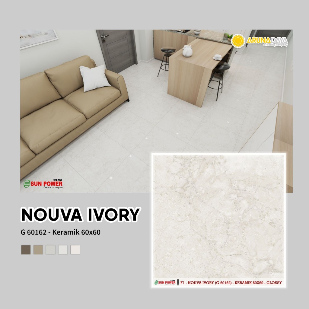 Keramik Lantai Sun Power Glossy|Nouva Series Ukuran 60x60|Keramik Murah Body Putih