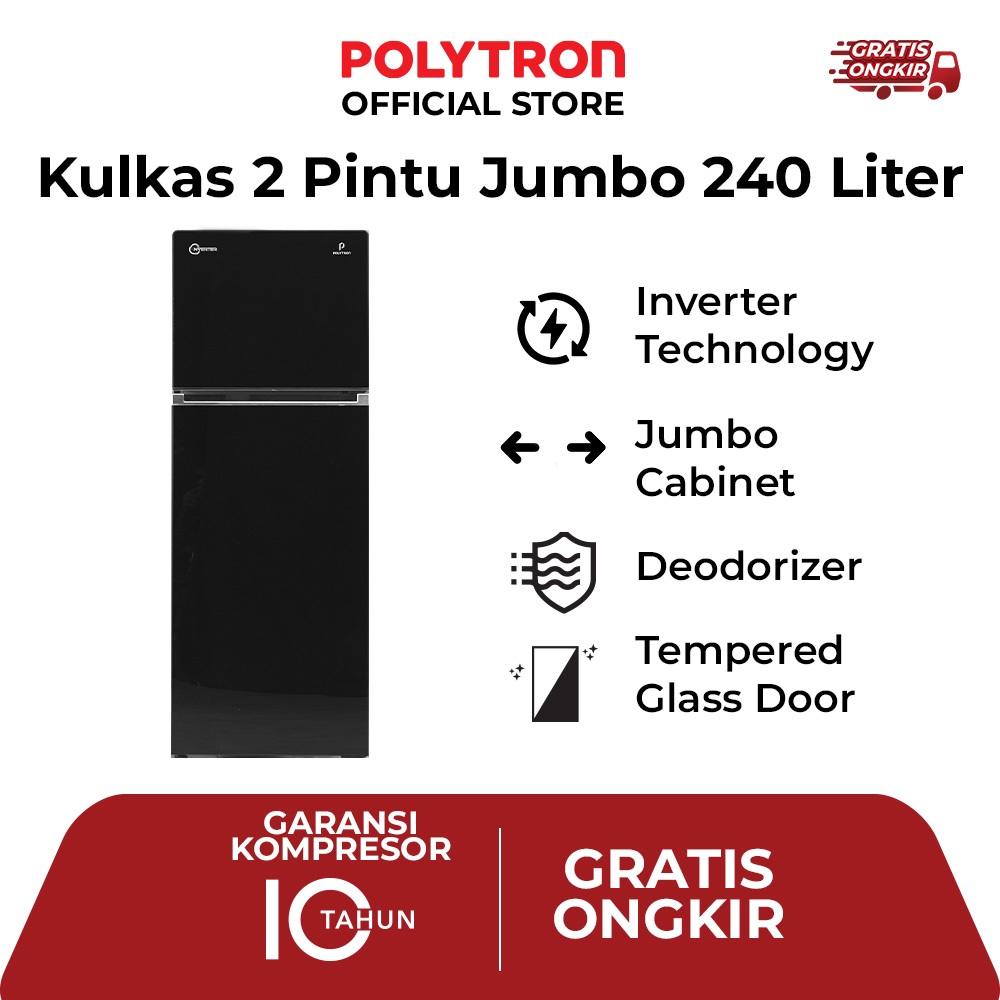 POLYTRON Kulkas 2 Pintu Belleza Jumbo Inverter 240 Liter Inverter PRW 25VX