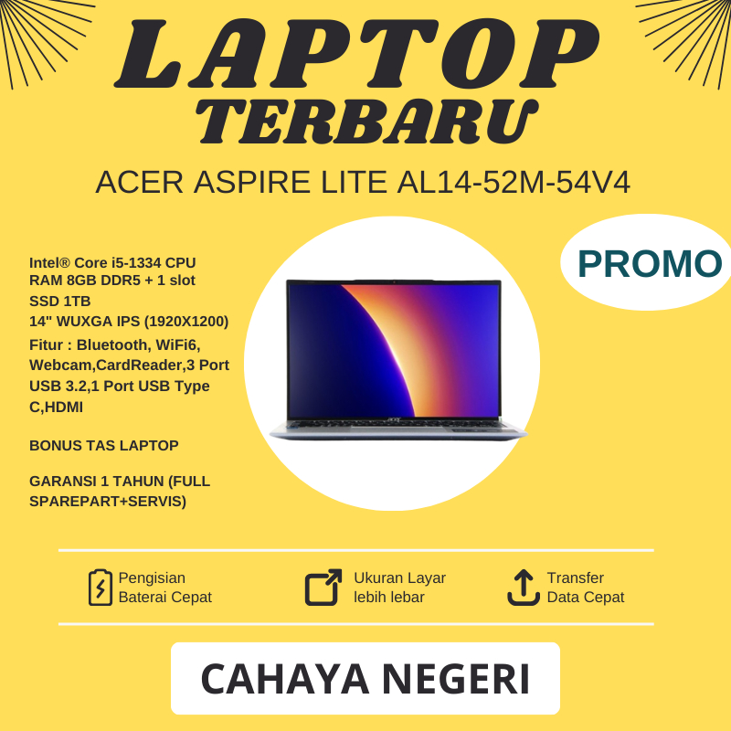 PROMO LAPTOP ACER AL14-52M-54V4 Intel core i5 gen 13 RAM 8GB SSD 1000GB LAYAR 14" WUXGA IPS + TAS