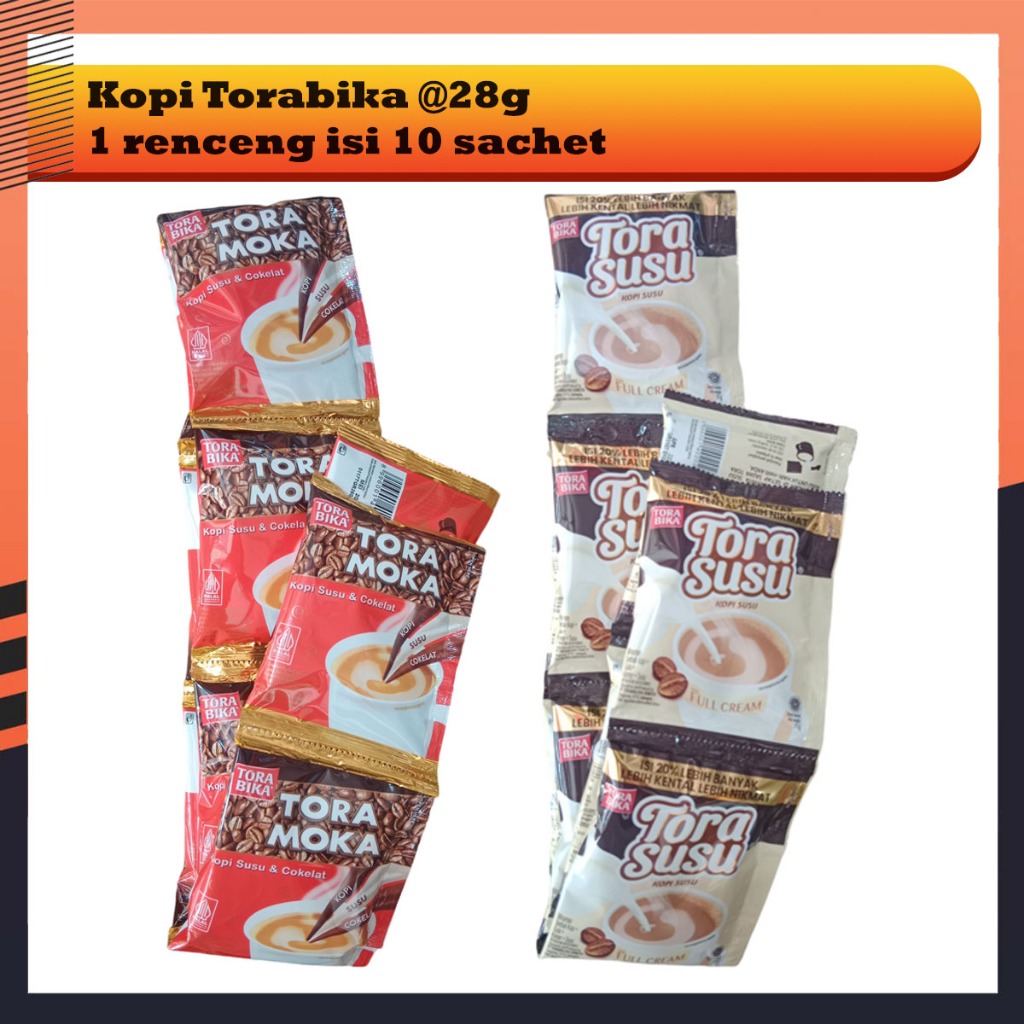 

Kopi Torabika Tora Susu Tora Moka @28g 1 Renceng isi 10 Sachet