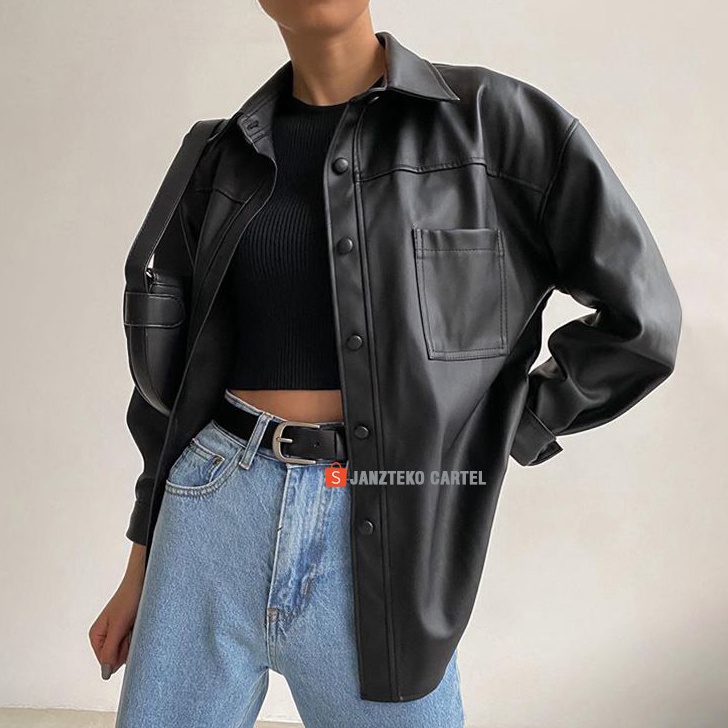 JNK x KMJ  Jaket Wanita Model Oversize Kemeja Blazer Bahan Semi Kulit Sintetis Viena PU Faux Synthet