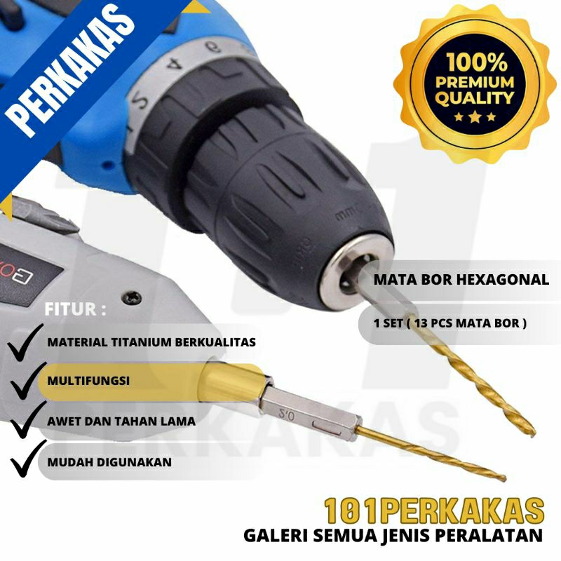 Mata Bor Power Drill Steel Titanium Hex Shank 13 Pcs