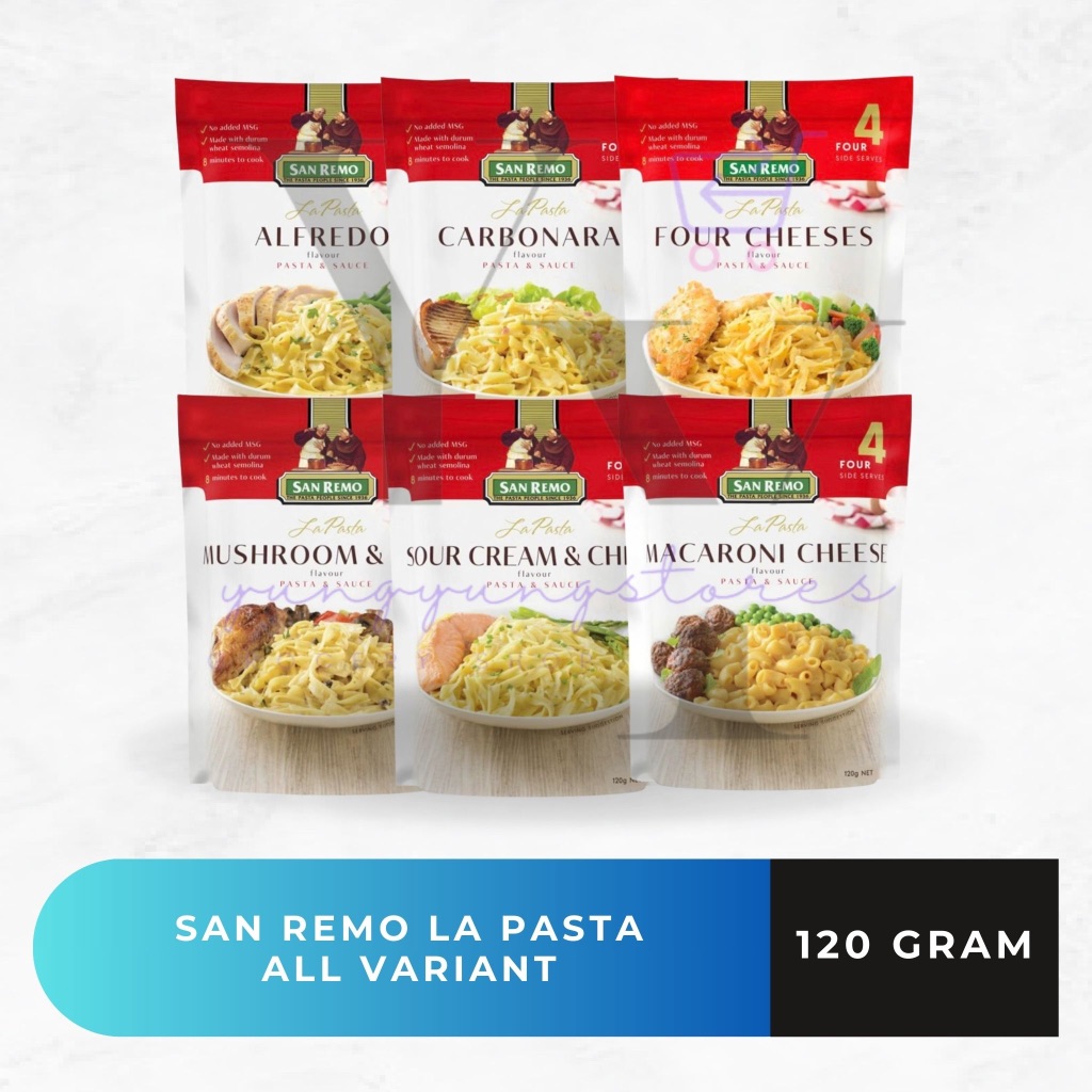 

San Remo La Pasta Sauce Alfredo / Carbonara / Four Cheeses / Mushroom & Herb / Sour Cream & Chives / Macaroni Cheese / Chicken Curry 120 gram