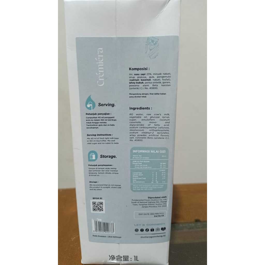 

BgKr Cremiera Krim Milk Base Diary Creamer 1 Liter Susu Krimer Pengganti Santan Kopi UHT Milk Tea