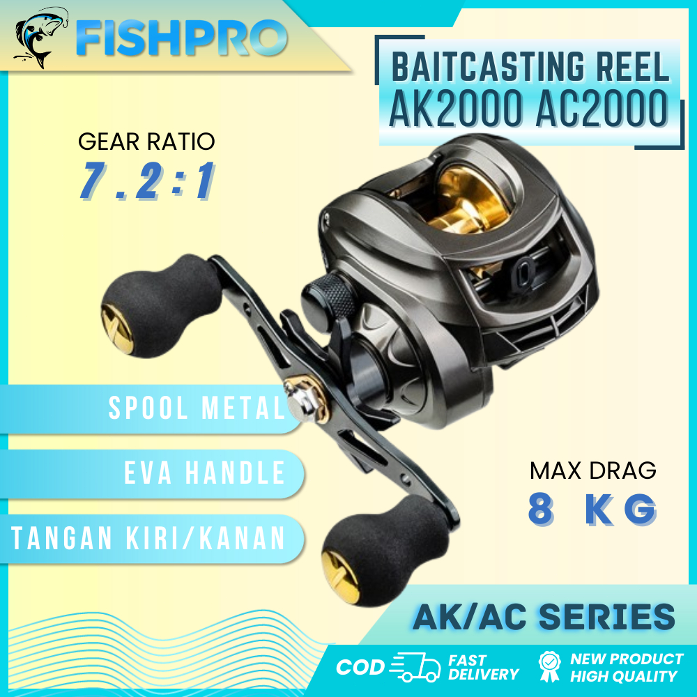 Baitcasting Fishing Reel AK2000 AC2000 Kuat Tarik 8 KG | Reel Pancing Ikan Air Drop 6.3:1/7.2:1 | Re