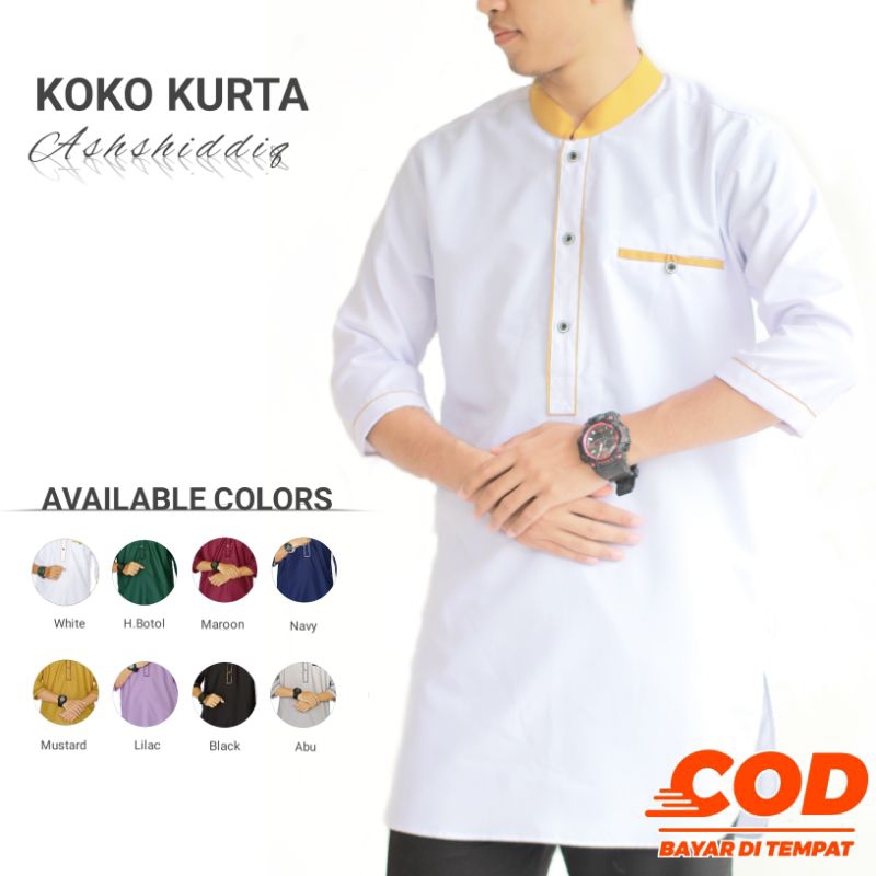 Diskon Koko Kurta Ashshiddiq - Baju Koko Kurta Pria Dewasa Lengan 3/4 Warna Mustard Putih Hijau