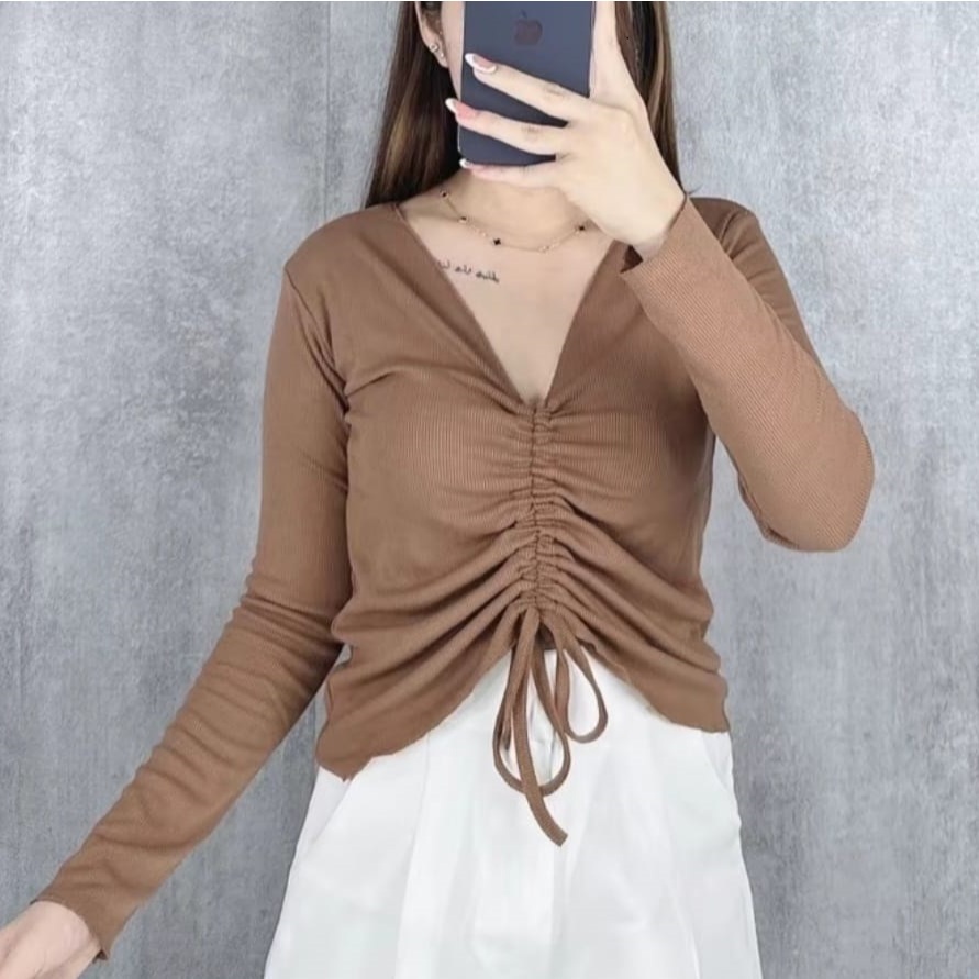 Blouse Crop Knit Serut Depan Lengan Panjang Atasan V Neck Tali Serut Tengah Depan Kekinian Wanita