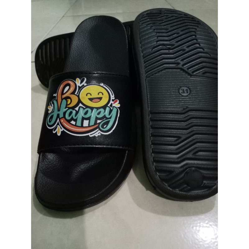 SANDAL SLOP ANAK TERBARU EVA PHYLON HITAM MOTIF KECE be happy SIZE 31-40