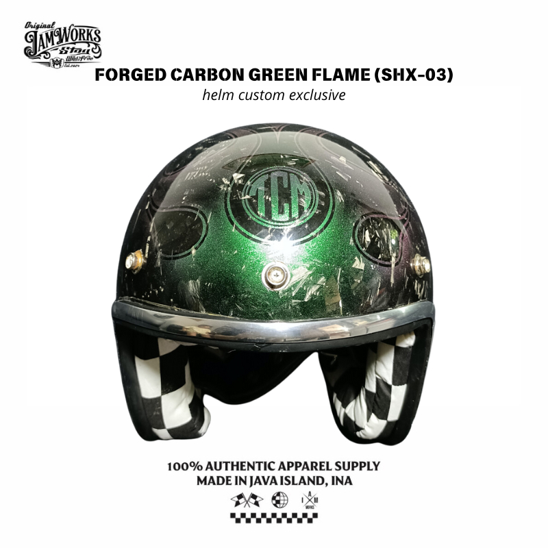 I'AM WORKS | Helm Custom Dewasa Pria Wanita SNI Bahan Fiber Glass Kevlar Forged Carbon Green Flame S