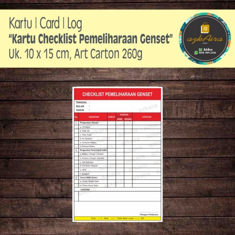 

Kartu Checklist Ceklis Log Pemeliharaan Genset