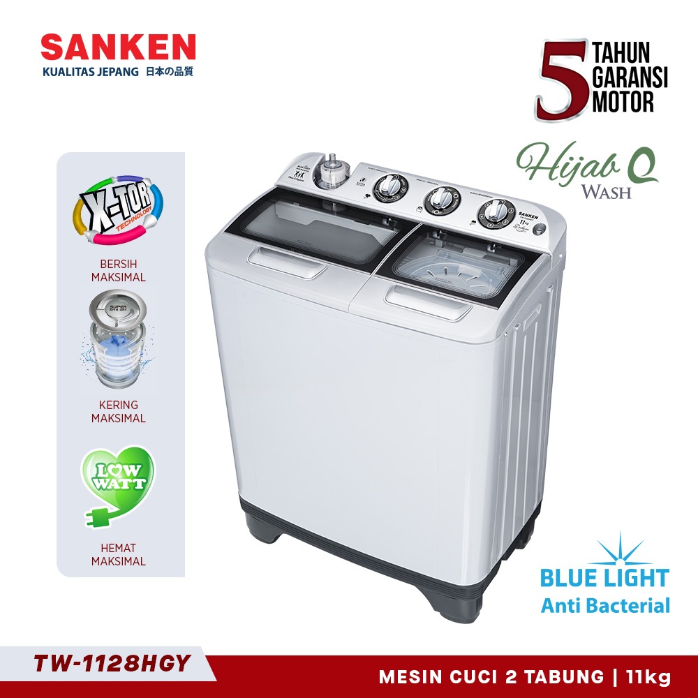 Sanken Mesin Cuci 2 Dua Tabung 11kg TW-1128HGY Blue Light Anti Bacterial