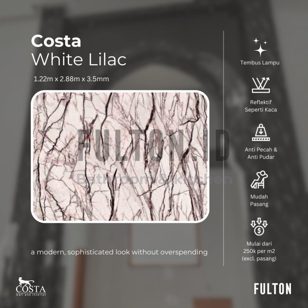 Costa PVC Akrilik Marmer White Lilac 1.22m x 2.88m x 3.5mm