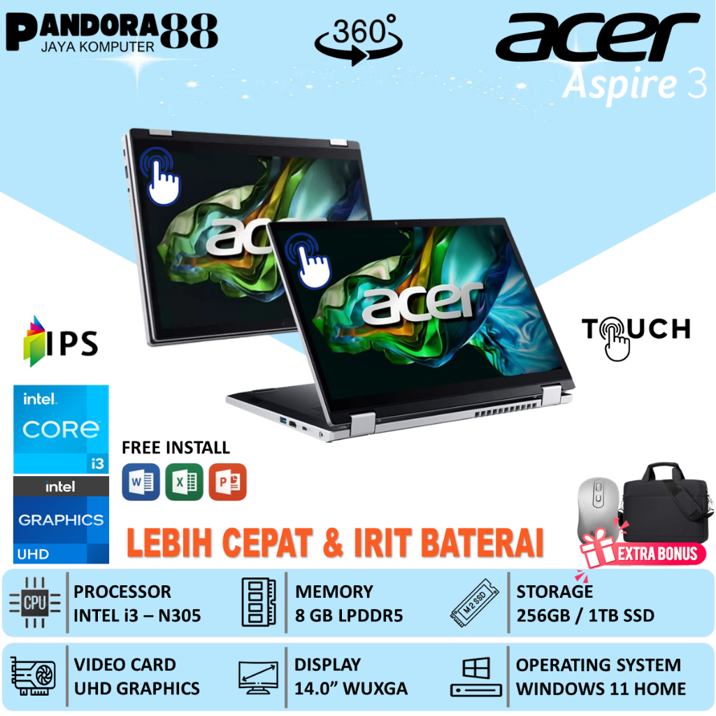 Laptop ACER Aspire 3 Spin 14 2IN1 Touchscreen core i3 N305 8GB 512GB Win11 Baru