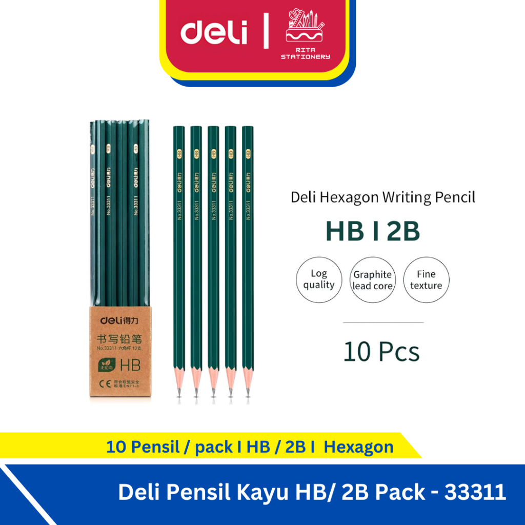 

Deli Pensil / Pencil Kayu 2B / HB Hexagon 1 pak Isi 10 untuk anak sekolah dan colorfull 33311 - Pack
