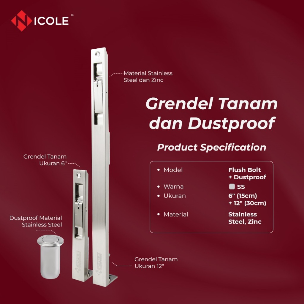 Grendel Tanam Pintu 6" + 12" Grendel Slot Pintu Flush Bolt