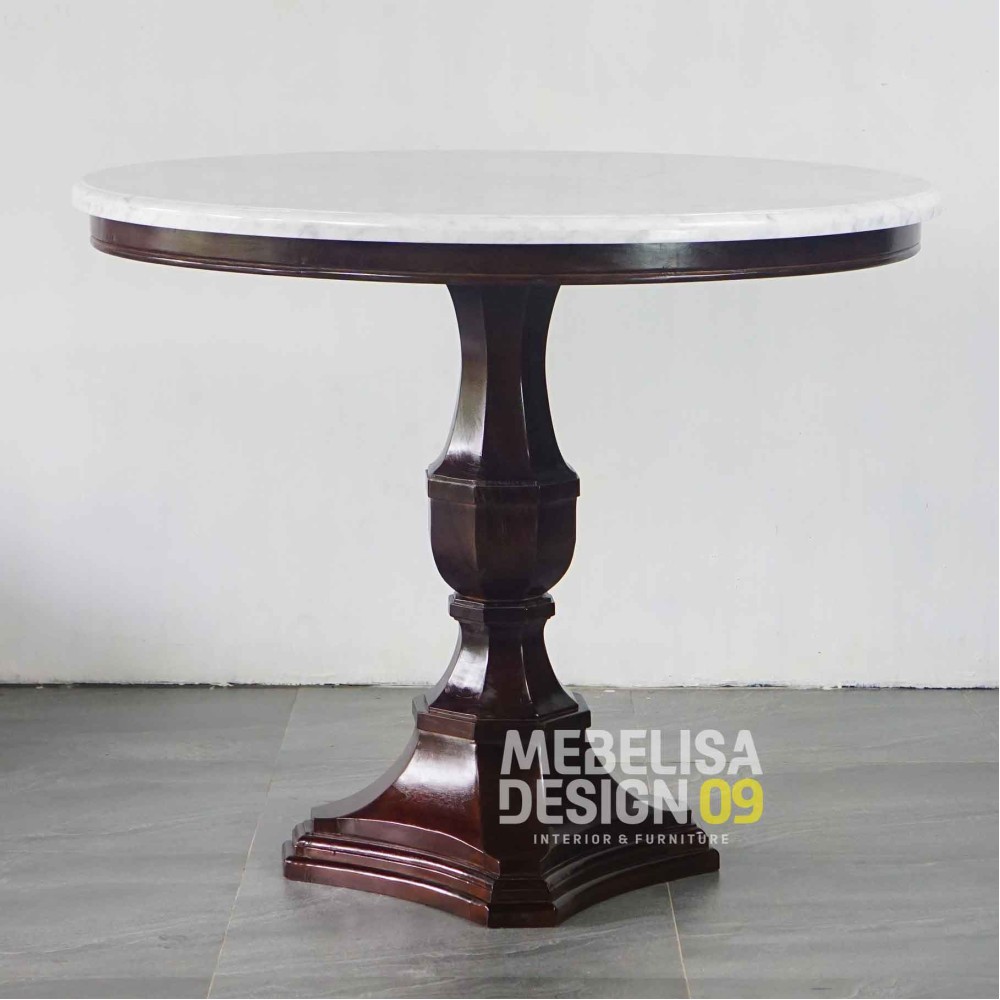 Meja Makan Antik Bulat Top Marmer Mewah Kayu Jati