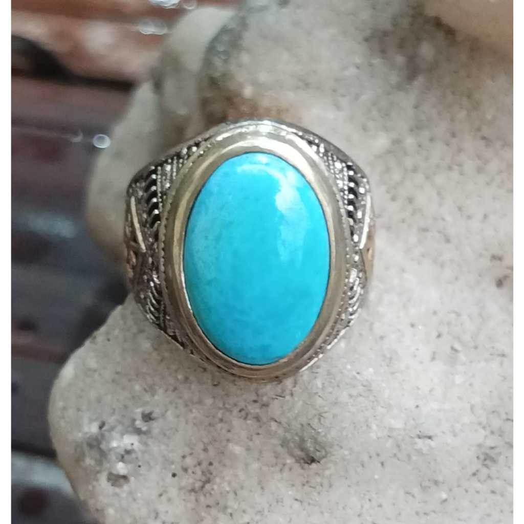 Natural Pirus Persia Biru Polos Size Kantoran Ring Alpaka Ukir