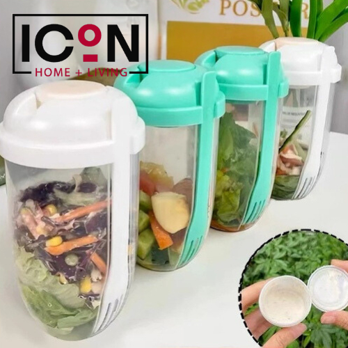 ICON LIVING Kotak Makan Buah Sayur Salad + Garpu Salad Cup Portable Dressing Container 1 Lt