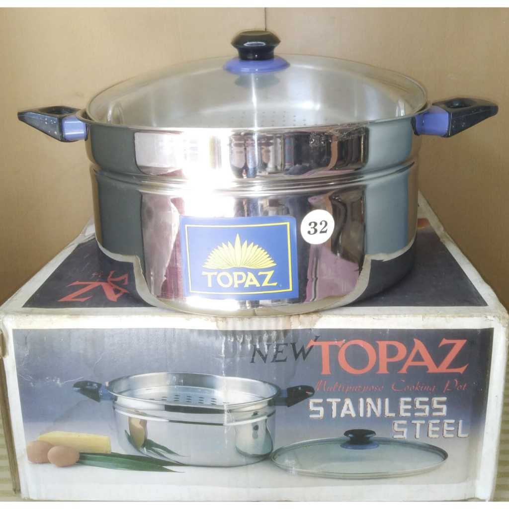 Panci Kukus Tutup Kaca / Steamer  Stainless steel 32cm - 28cm Tebal Anti Karat / TOPAZ