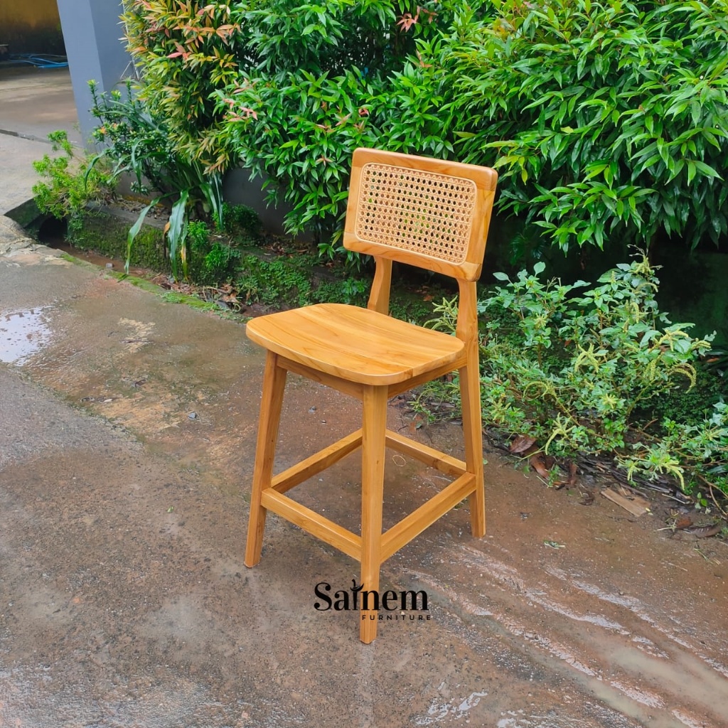 Kursi Bar Stool Tinggi Minimalis Kayu Jati Mix Rotan