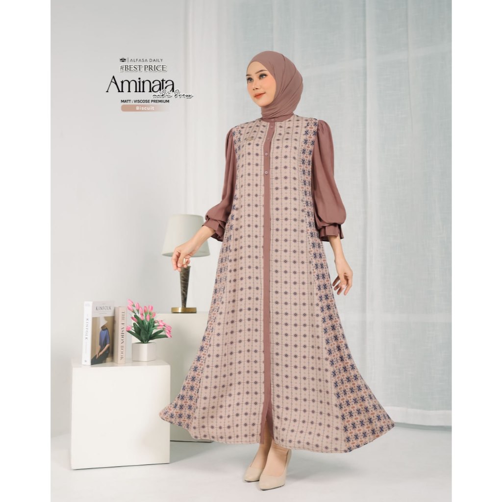 GAMIS AMINATA MIDI DRESS DRES MOTIF LIS LIST Viscose Premium ADEM BUSUI - Alfasa Daily