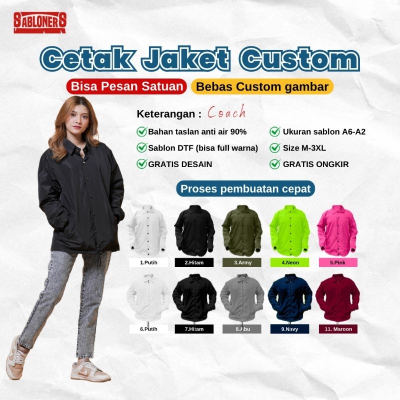Konveksi Jaket Coach Jacket Waterproof Parasut Anti Air Custom Satuan Bordir / Sablon Print DTF Full