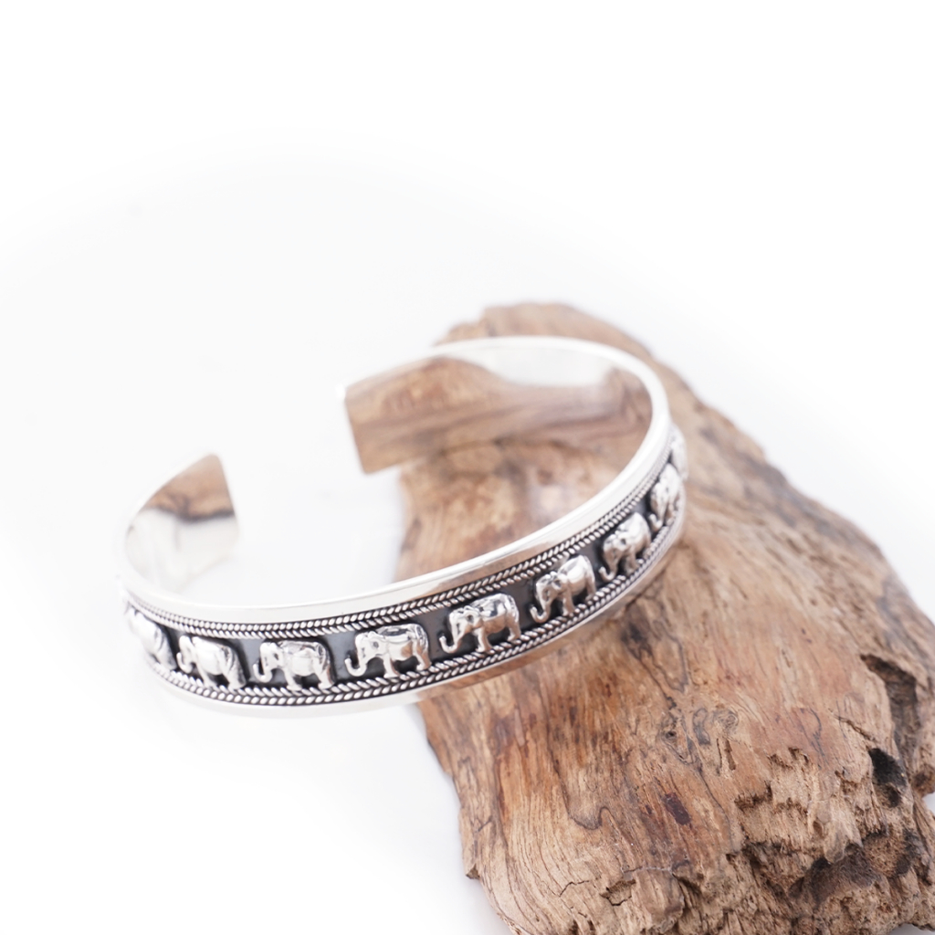 Gelang Cuff Open Bangle Perak 925 Motif Gajah Thailand
